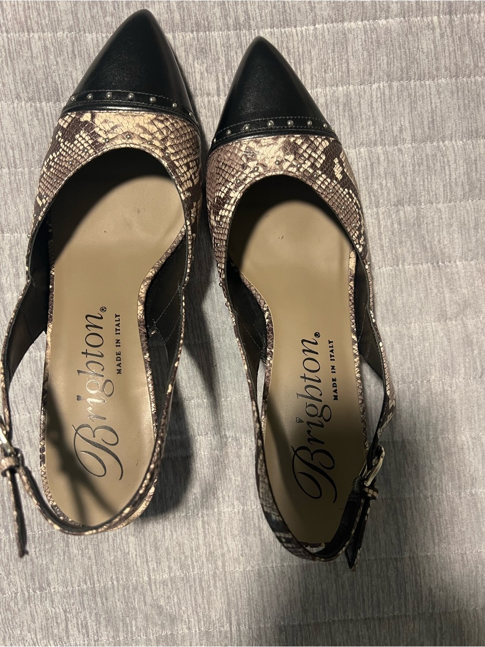 Brighton Black Pointed Toe Slingback Flats with Snake-Print Upper